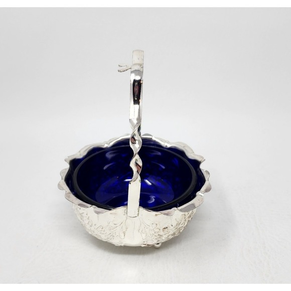 Mayell Silverplated Basket and Spoon w Cobalt Blue Glass Jam Relish Bowl England - Picture 3 of 16